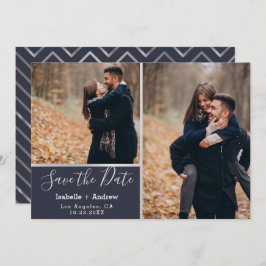 Elegante Navy Zilveren Fotocollage Save the Date