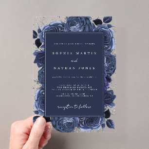 Elegante Navy Zilveren Roos Heldere Trouwdag Acryl Uitnodigingen