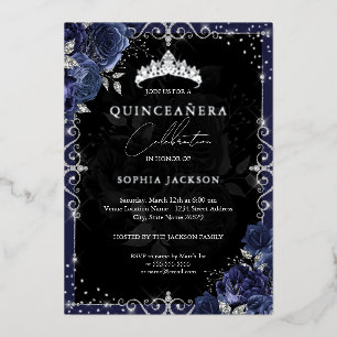 Elegante Navy Zilveren Roos Quinceanera Folie Uitnodiging