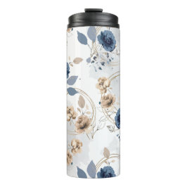 Elegante Navyblauw en Gouden Bloemenschildering in Thermosbeker