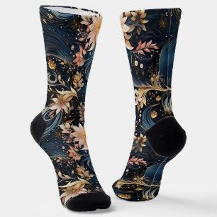 Elegante Navyblauw En Gouden Vintage Bloem Sokken