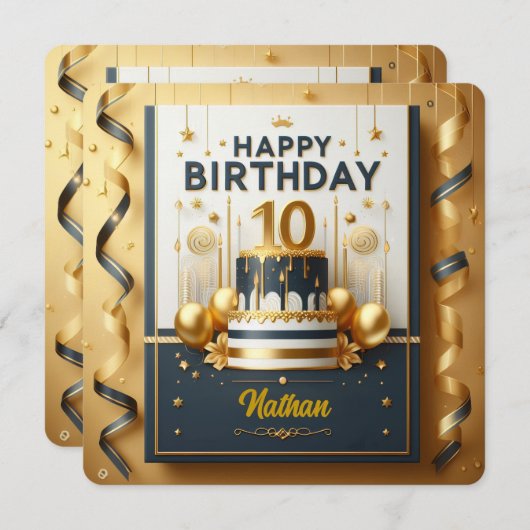 Elegante Navyblauw & Goud 10e Verjaardagsviering Kaart (Voorkant / Achterkant)