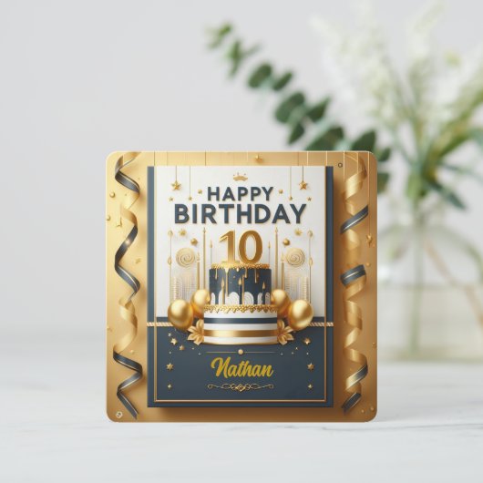 Elegante Navyblauw & Goud 10e Verjaardagsviering Kaart (Staand voorkant)