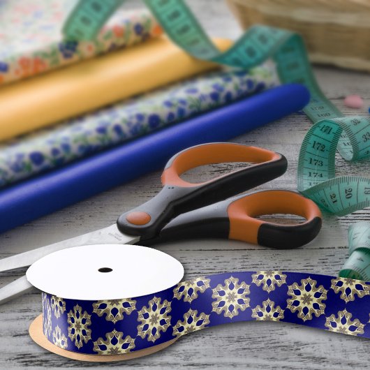 Elegante Navyblauw & Goud Klasse Chic Bloemendruk Satijnen Lint