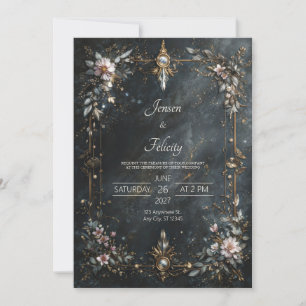 Elegante Navyblauw Goud Roze Bloemige Avondhuwelij Kaart