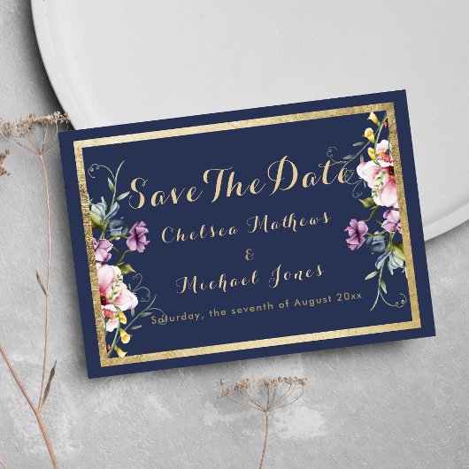 Elegante navyblauw goud roze bloemige Save The Dat Date