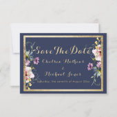 Elegante navyblauw goud roze bloemige Save The Dat Date (Voorkant)