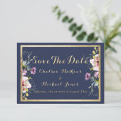 Elegante navyblauw goud roze bloemige Save The Dat Date (Staand voorkant)