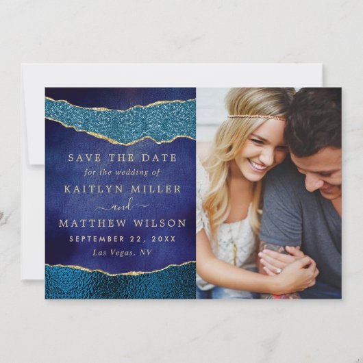Elegante Navyblauw & Gouden Agate Trouwfoto Save The Date (Voorkant)