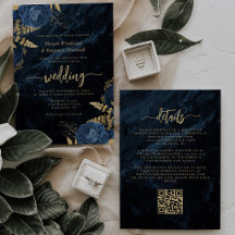 Elegante Navyblauw Gouden Bloemen QR Code Bruiloft