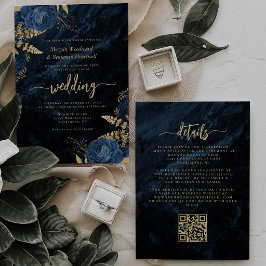 Elegante Navyblauw Gouden Bloemen QR Code Bruiloft Kaart