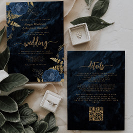 Elegante Navyblauw Gouden Bloemen QR Code Bruiloft Kaart