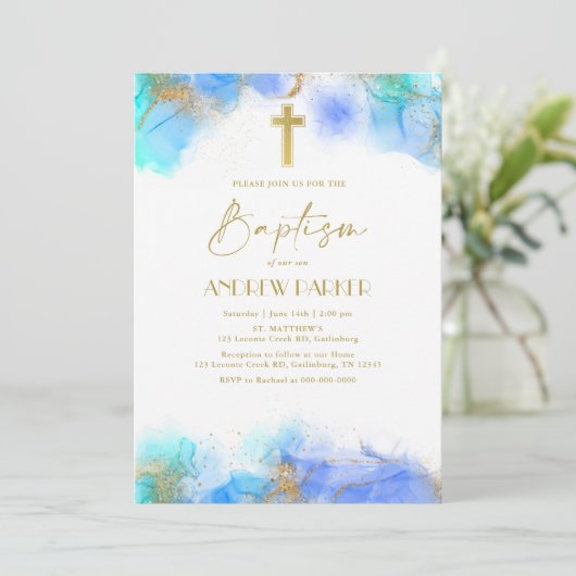 Elegante Navyblauw Gouden Doop Christening Kaart (Staand voorkant)