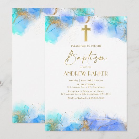 Elegante Navyblauw Gouden Doop Christening Kaart (Voorkant / Achterkant)