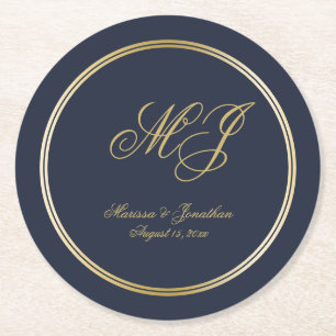 Elegante Navyblauw Gouden Monogram Huwelijk Ronde Kartonnen Onderzetter
