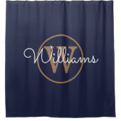 Elegante Navyblauw Gouden Monogram Script Naam Douchegordijn (Voorkant)