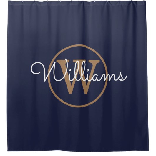 Elegante Navyblauw Gouden Monogram Script Naam Douchegordijn (Voorkant)