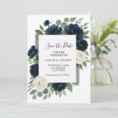 Elegante Navyblauw & Ivoor Kleuren Bruiloft Save The Date (Staand voorkant)