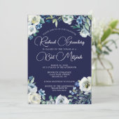 Elegante Navyblauw Witte Bloem Moderne Bat Mitzvah Kaart (Staand voorkant)