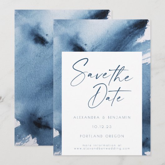 Elegante Navyblauwe Abstracte Waterverf Save The Date (Voorkant / Achterkant)