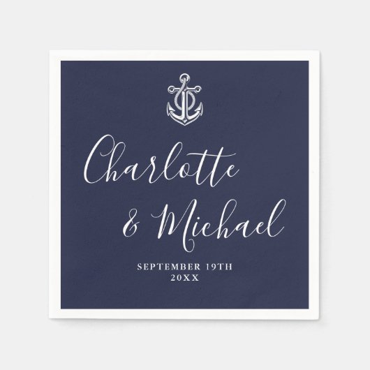 Elegante Navyblauwe Anker Zeevaart Bruiloft Servet (Voorkant)
