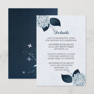 Elegante navyblauwe bladeren & stoffig blauwe bloe informatiekaartje