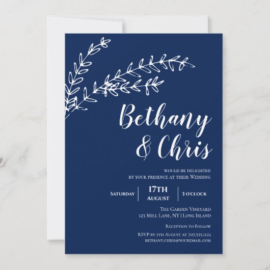 Elegante Navyblauwe Bladminimalistische Trouwdag Kaart (Voorkant)