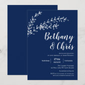 Elegante Navyblauwe Bladminimalistische Trouwdag Kaart (Voorkant / Achterkant)