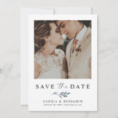 Elegante Navyblauwe Bloem Foto & QR Code Huwelijk Save The Date (Voorkant)