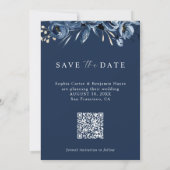 Elegante Navyblauwe Bloem Foto & QR Code Huwelijk Save The Date (Achterkant)