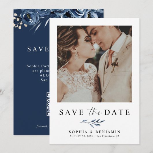 Elegante Navyblauwe Bloem Foto & QR Code Huwelijk Save The Date (Voorkant / Achterkant)