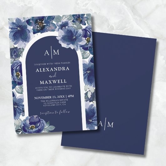 Elegante Navyblauwe Bloemige Bruiloft Kaart