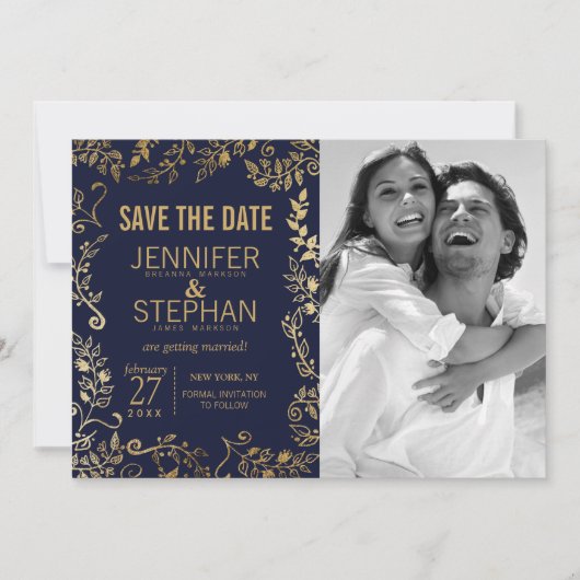 Elegante Navyblauwe en Gouden Bloemachtige Save th Save The Date (Voorkant)