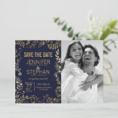 Elegante Navyblauwe en Gouden Bloemachtige Save th Save The Date (Staand voorkant)