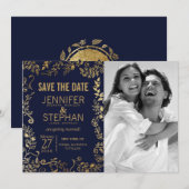 Elegante Navyblauwe en Gouden Bloemachtige Save th Save The Date (Voorkant / Achterkant)