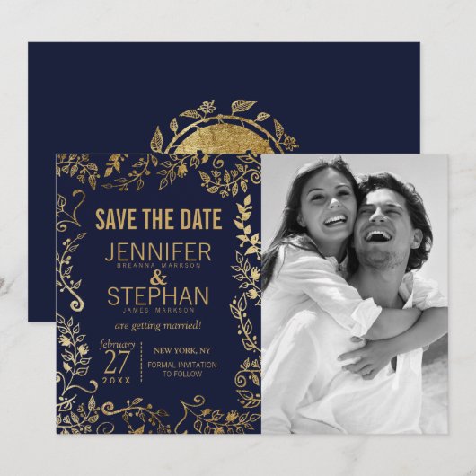 Elegante Navyblauwe en Gouden Bloemachtige Save th Save The Date (Voorkant / Achterkant)