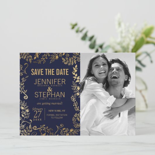 Elegante Navyblauwe en Gouden Bloemige 'Save the D Save The Date (Staand voorkant)