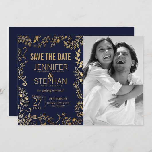 Elegante Navyblauwe en Gouden Bloemige 'Save the D Save The Date (Voorkant / Achterkant)