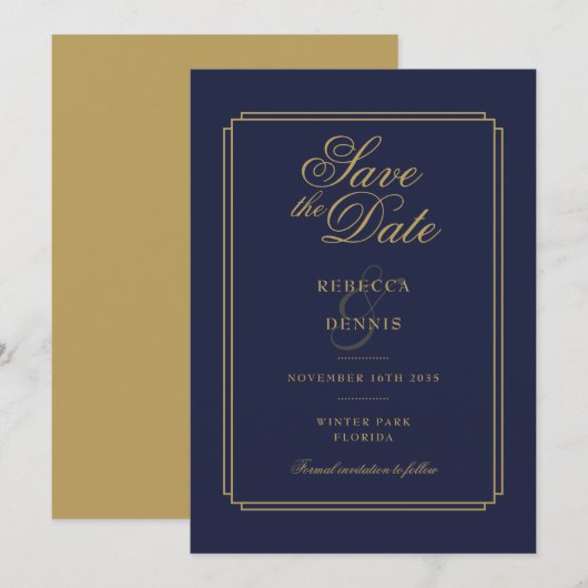 Elegante Navyblauwe en Gouden Script Art Deco Trou Save The Date (Voorkant / Achterkant)