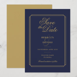 Elegante Navyblauwe en Gouden Script Art Deco Trou Save The Date