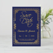 Elegante Navyblauwe en Gouden Trouwring Frame Save The Date (Staand voorkant)