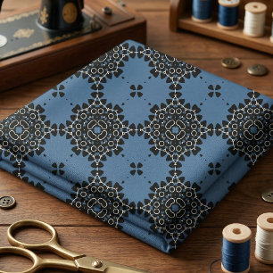 Elegante Navyblauwe en Witte Oosterse Kant Mandala Stof