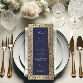 Elegante Navyblauwe Gouden Rozen Vintage Trouwen Menu