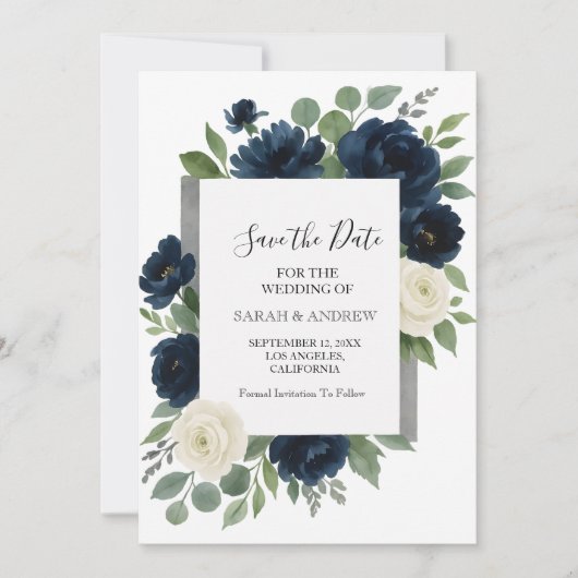 Elegante Navyblauwe & Ivoor Witte Bloemen Bruiloft Save The Date (Voorkant)