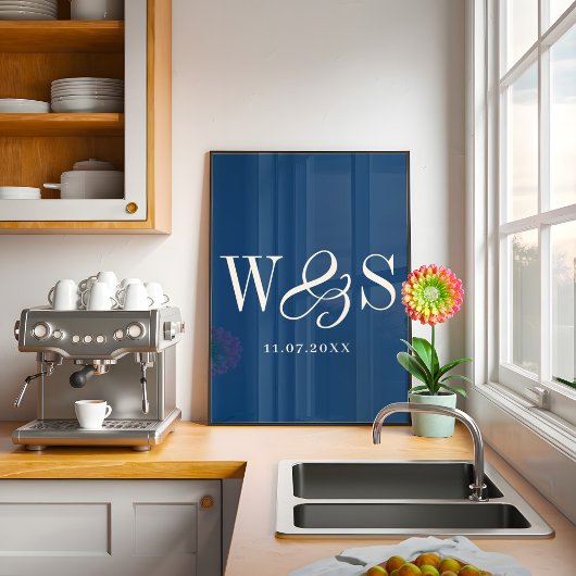 Elegante navyblauwe koppel initials bruiloft poster