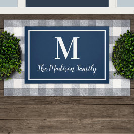 Elegante Navyblauwe Monogram Familienaam Deurmat