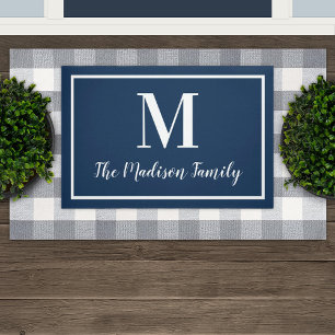 Elegante Navyblauwe Monogram Familienaam Deurmat