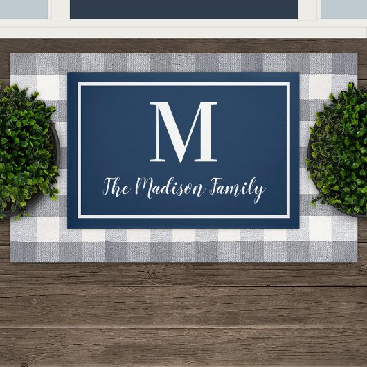 Elegante Navyblauwe Monogram Familienaam Deurmat