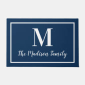 Elegante Navyblauwe Monogram Familienaam Deurmat (Voorkant)