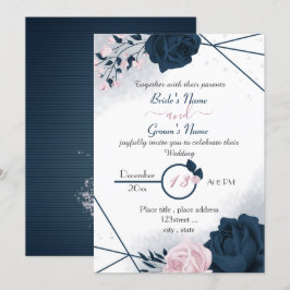 Elegante navyblauwe & roze bloemen bruiloft  kaart